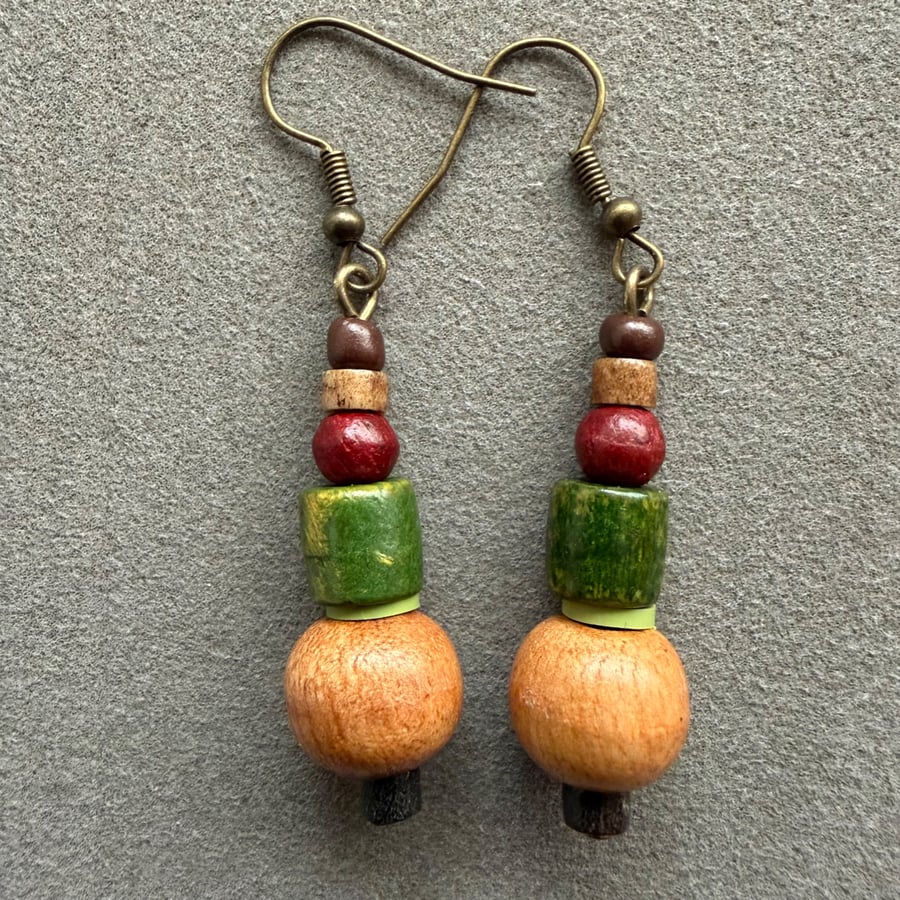 Light Brown Dark Brown Green Wood Earthy Ethnic Bobo Dangle Drop Earrings