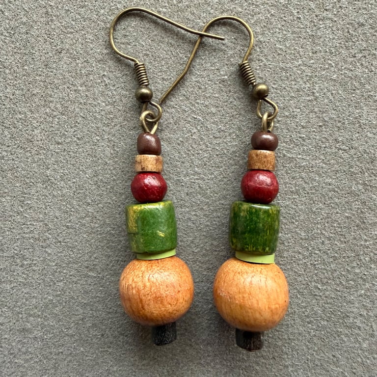 Light Brown Dark Brown Green Wood Earthy Ethnic Bobo Dangle Drop Earrings