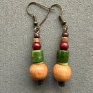 Light Brown Dark Brown Green Wood Earthy Ethnic Bobo Dangle Drop Earrings