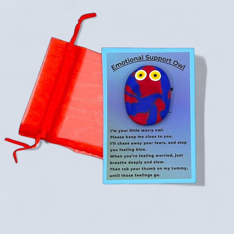 Red and Blue Worry Stone Owl - Emotional Support Owl Fidget Stone