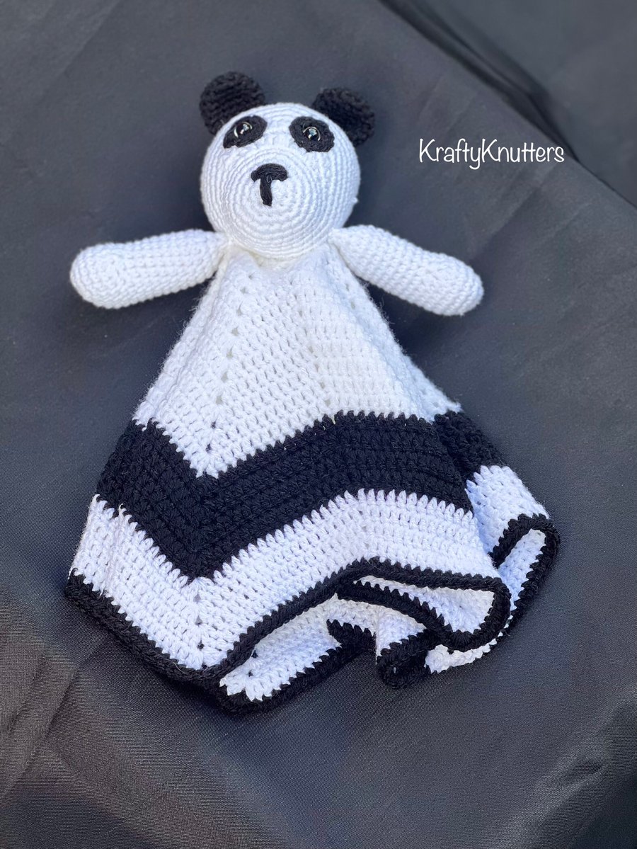 Handmade Crochet Panda Bear Security Blanket Comforter