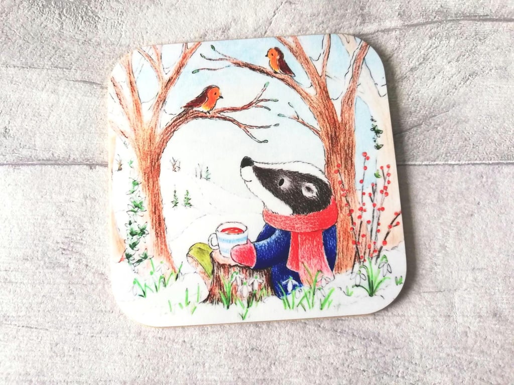 Badger & Robins Coaster, Winter Snowdrops In The Countryside