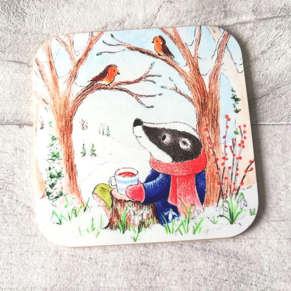 Badger & Robins Coaster, Winter Snowdrops In The Countryside