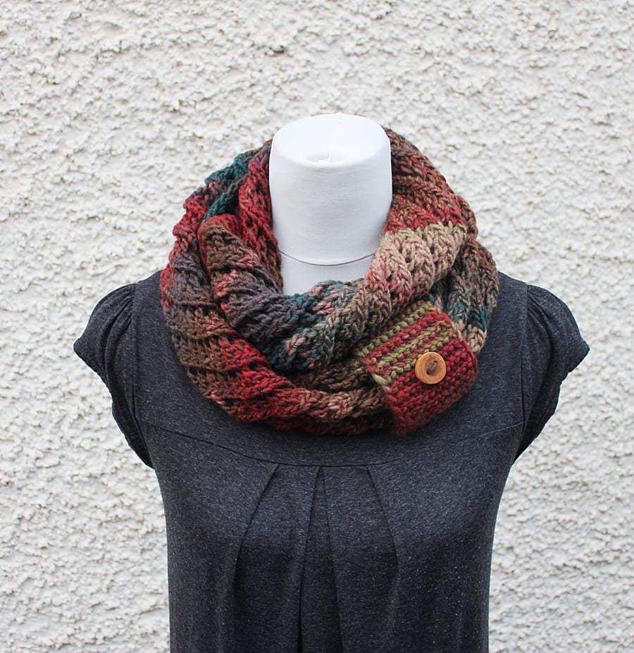Snood, multicolour infinity scarf, knitwear UK, gift guide, womens neckwear