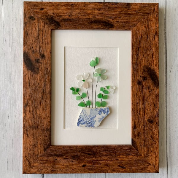 Framed plant pot design picture with sea pottery & sea glass from Cornwall