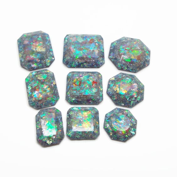9 Handmade Octagon Resin Pendant Charms in Blue Green for Jewellery Making 