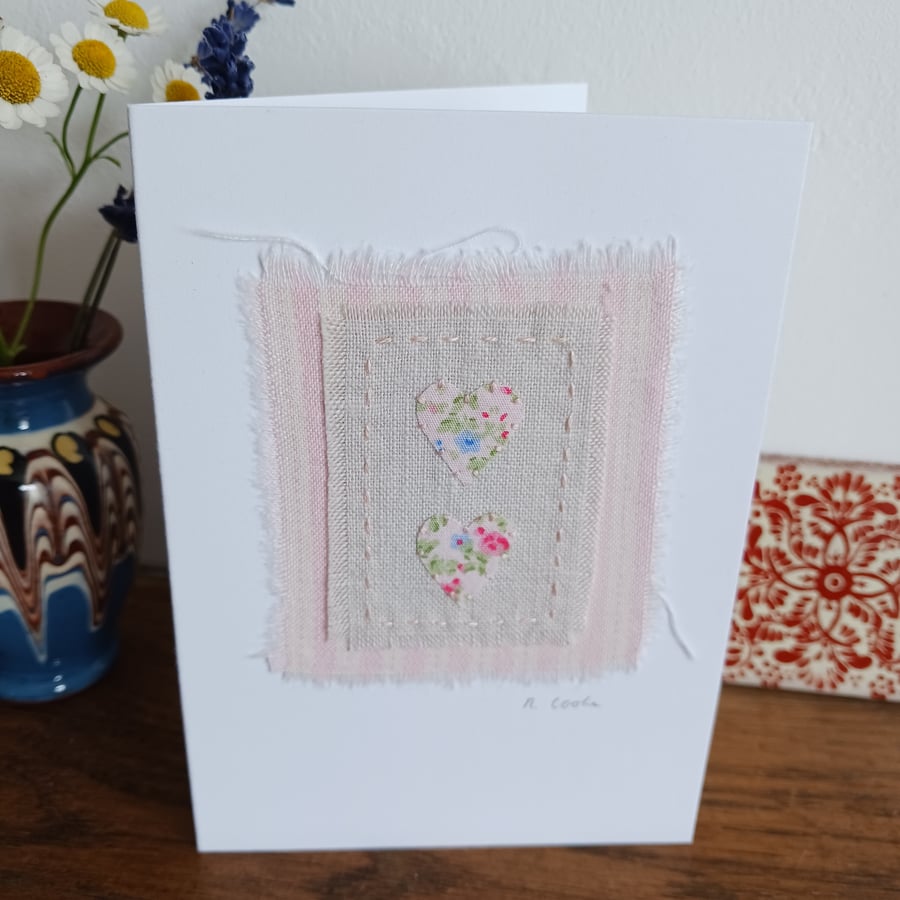 Vintage Fabric Hearts hand stitched fabric card - CLEARANCE