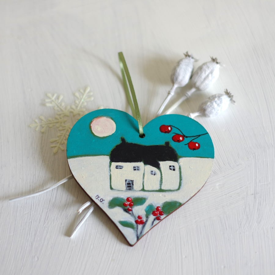Christmas Heart Hanging Decoration with Cottage and Winter Landscape