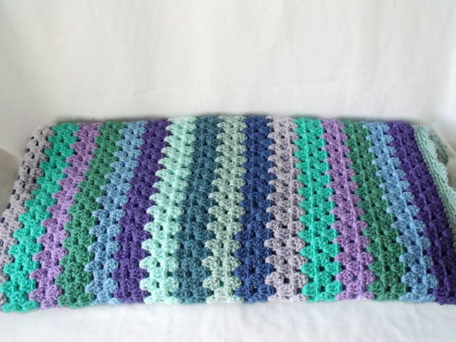 green and lilac granny striped blanket, 42 x 46 inches