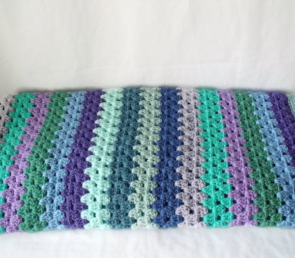 green and lilac granny striped blanket, 42 x 46 inches