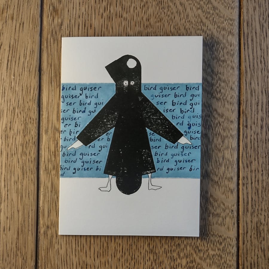 Bird Guiser. Image made using handmade stamps with pen & ink work.