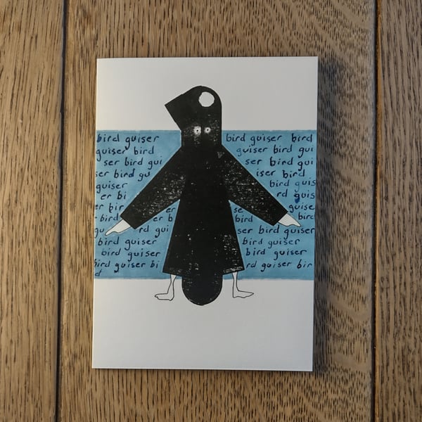 Bird Guiser. Image made using handmade stamps with pen & ink work.