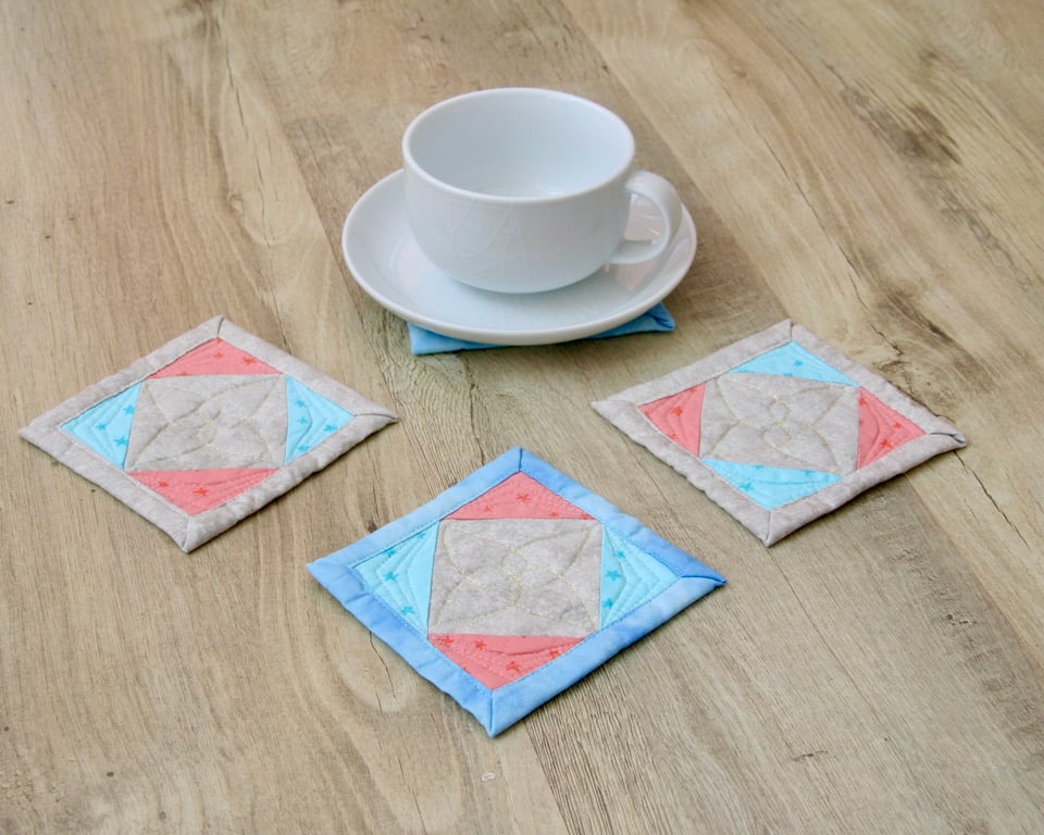 Set of Four Blue, Pink and Grey patchwork coasters with Stars pattern
