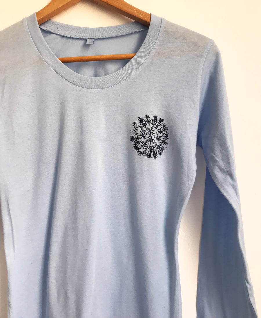 Allium Womens Long Sleeve light blue Tunic T shirt dark navy print allium flower