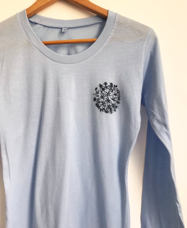 Allium Womens Long Sleeve light blue Tunic T shirt dark navy print allium flower