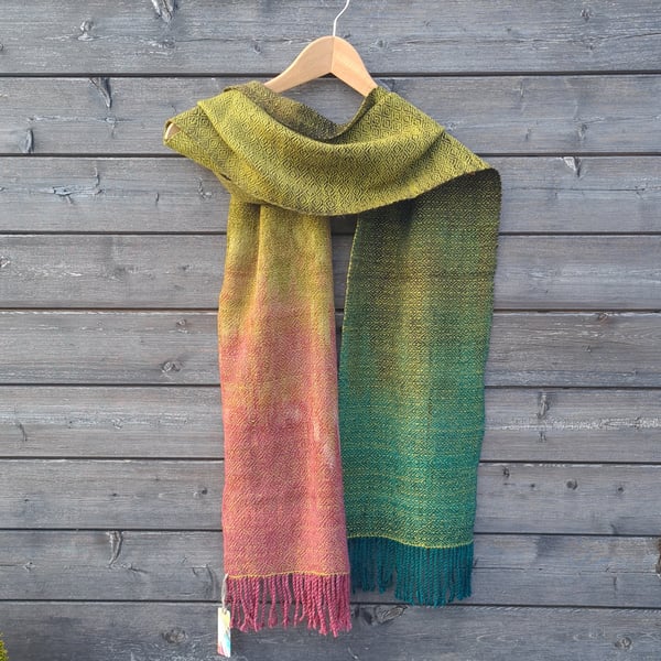 Hand Woven Scarf in greens and pink, hand dyed wool and silk