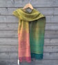 Hand Woven Scarf in greens and pink, hand dyed wool and silk