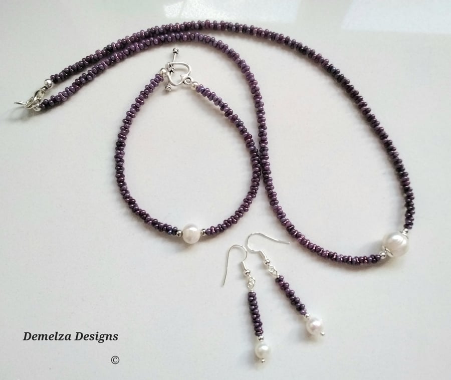 Freshwater Barogue Pearl & Purple Peanut Seed Bead Jewellery Set