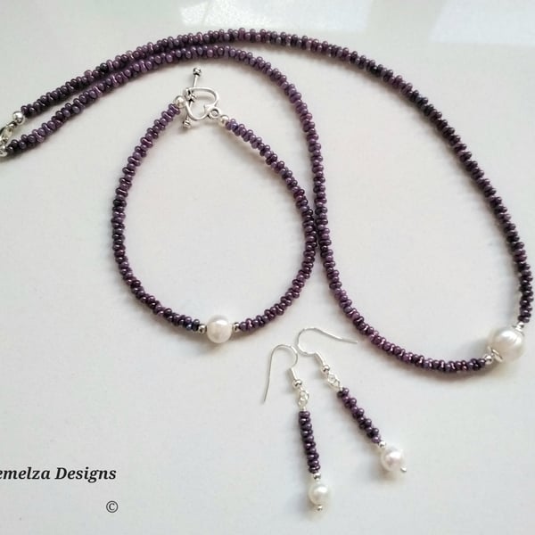 Freshwater Barogue Pearl & Purple Peanut Seed Bead Jewellery Set