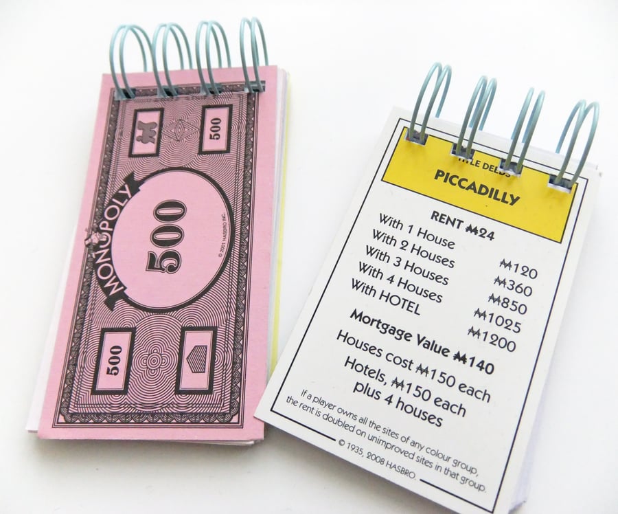 Set of Two Monopoly notebooks - Mini Notebooks  - Eco Friendly Stocking Fillers