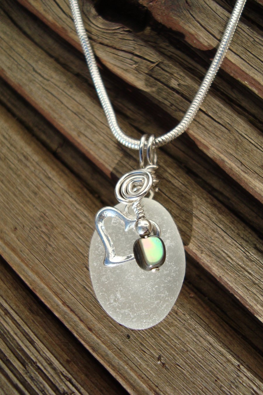 Genuine Sea Glass Pendant and Sterling Silver Heart