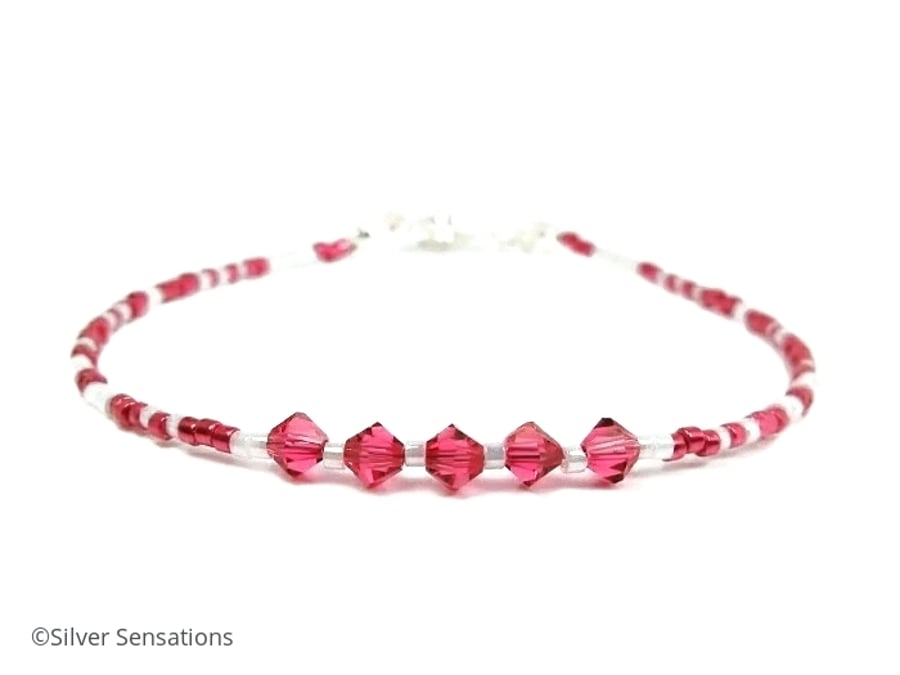 Dark Pink & White Friendship Bracelet With Swarovski Crystals 6.5" - 8.5"