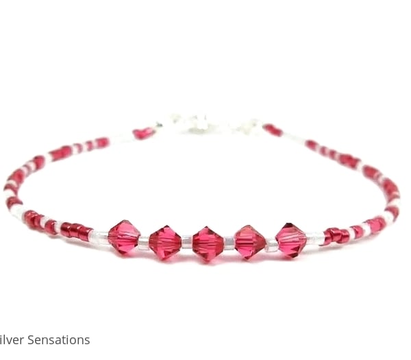 Dark Pink & White Friendship Bracelet With Swarovski Crystals 6.5" - 8.5"