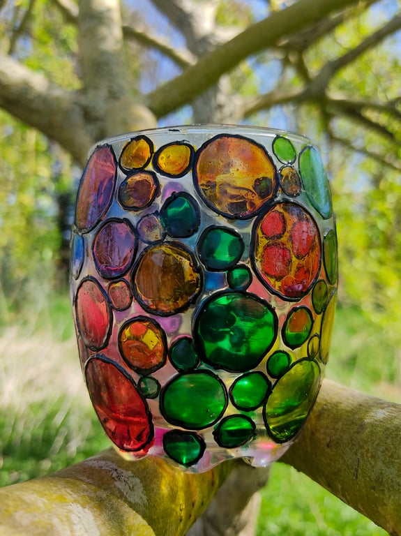 Handmade painted glass candle holder  for tea light with colourful circles