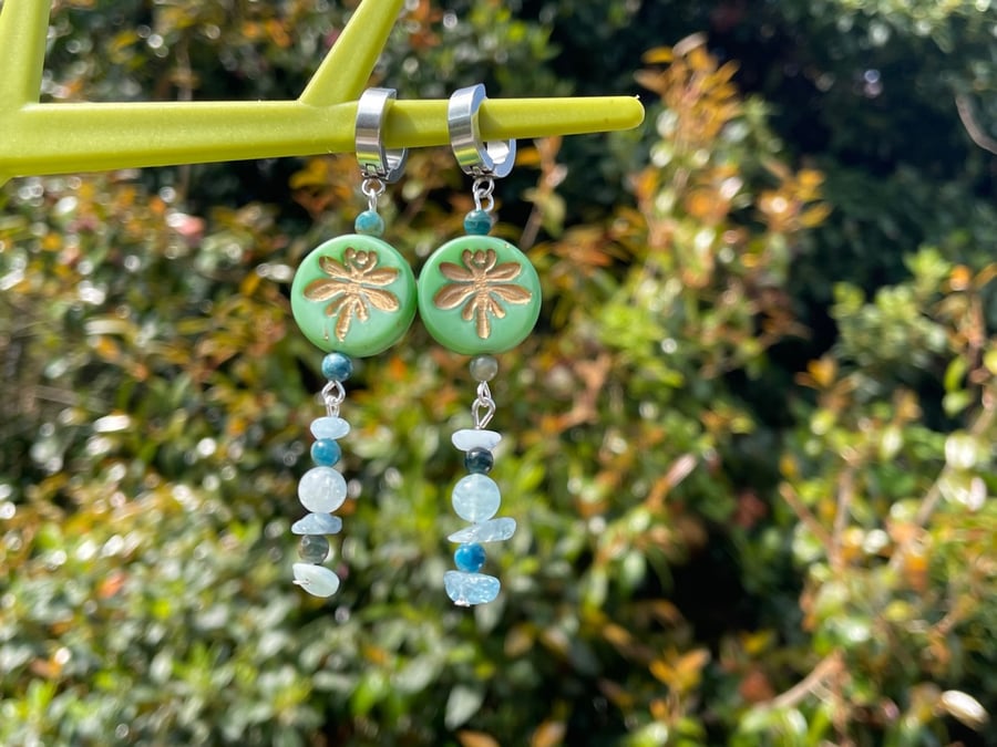 Mint green dragonfly earrings Czech glass silver tone aquamarine apatite huggie