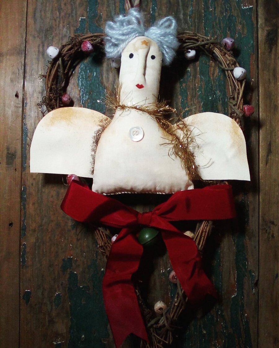 Primitive textile art Angel wreath, one of a kind piece, Christmas decor, 