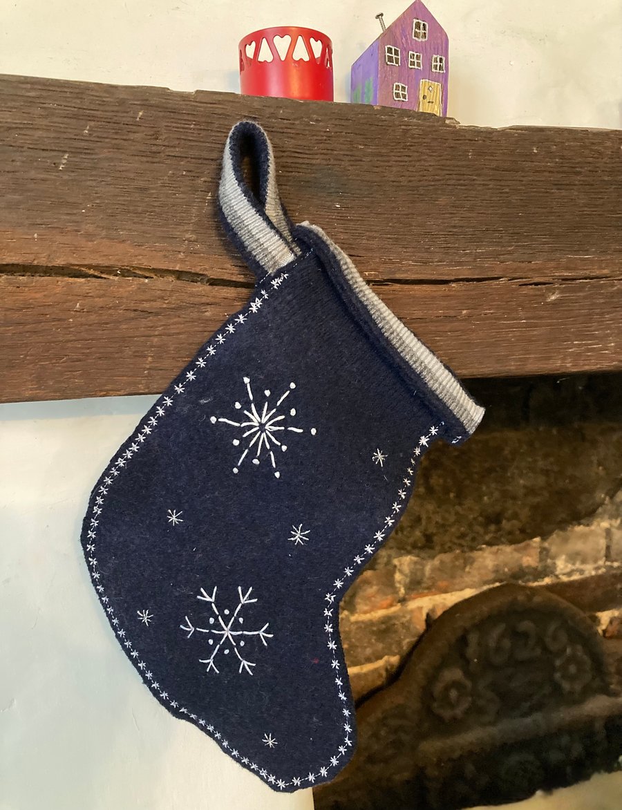 Christmas stocking - navy blue embroidered felted wool.