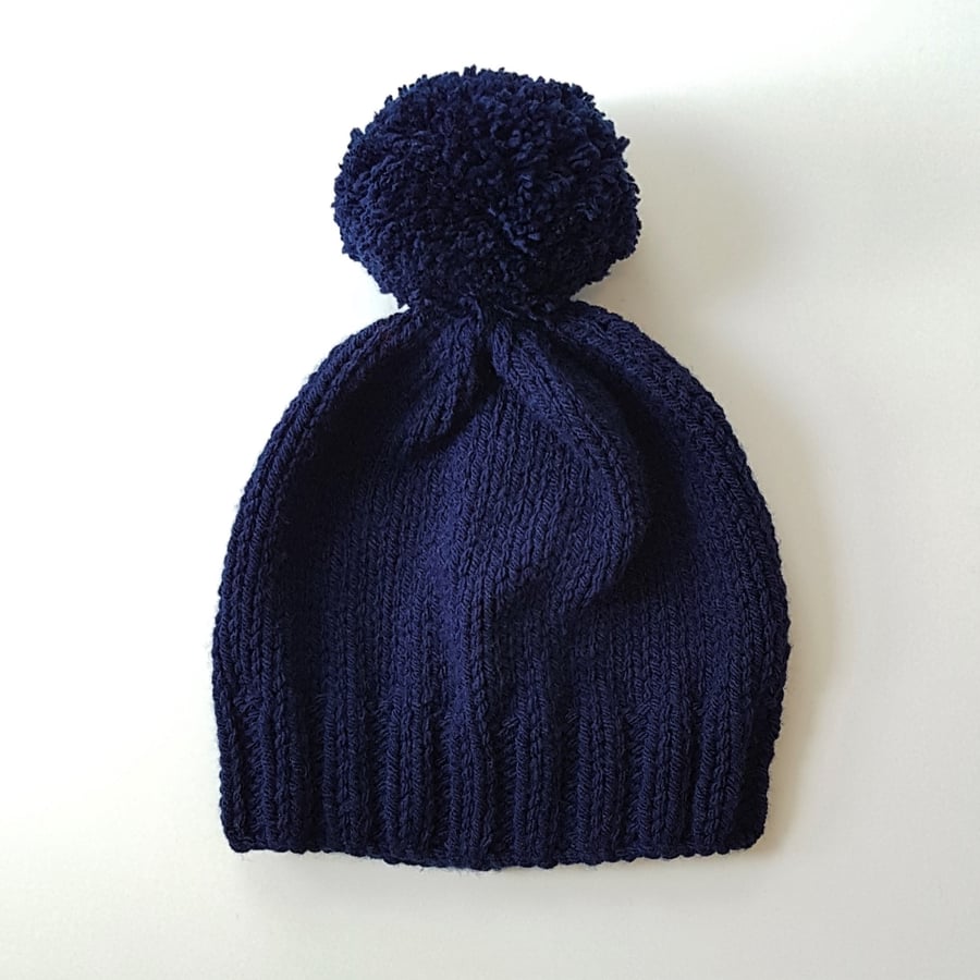 Bobble Hat in Navy Blue Chunky Yarn