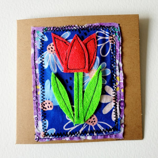 Handmade 'Red Tulip' Felt and Fabric Blank Greeting Card 