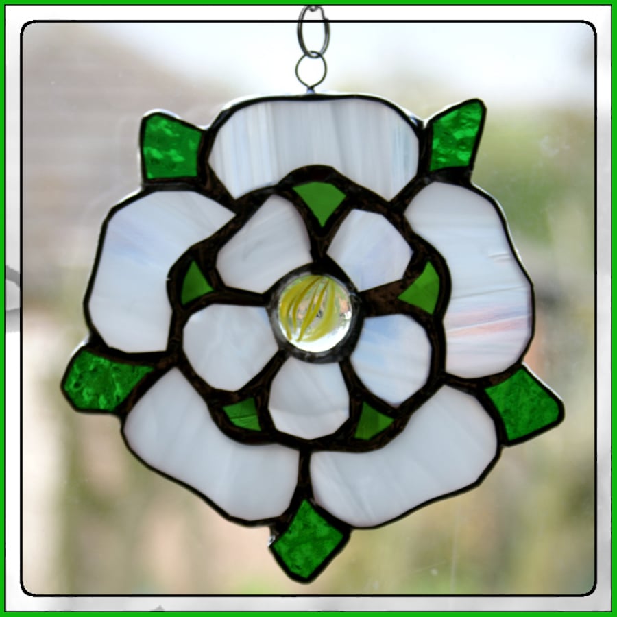 Yorkshire Rose Suncatcher Stained Glass Handmade white