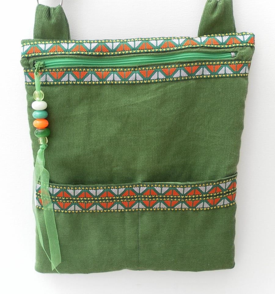 Boho Chic, Sage Green Needle Cord Handbag, Shoulder Bag, Cross Body Bag