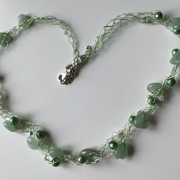 Aventurine, Crystal & Faceted Glass Pearl 19” Crocheted Necklace