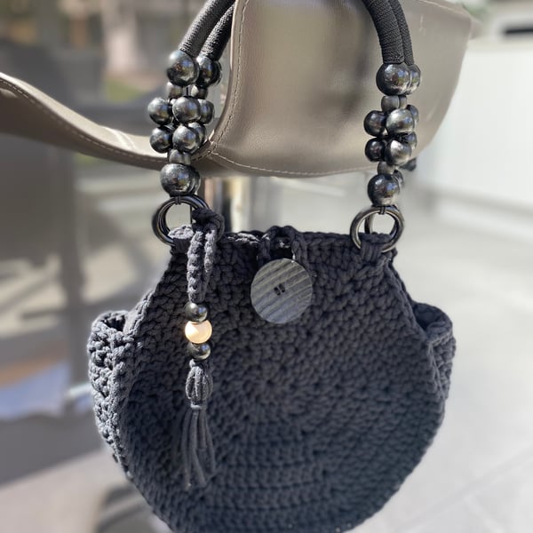 Black Hand Crochet Handbag in Heavy Weight Cotton Cord 