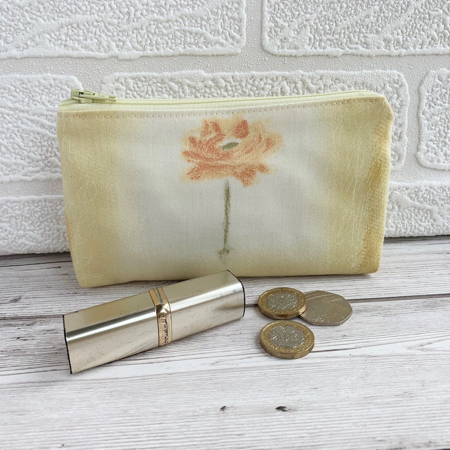 SALE, Large purse, coin purse in pale yellow with orange flower