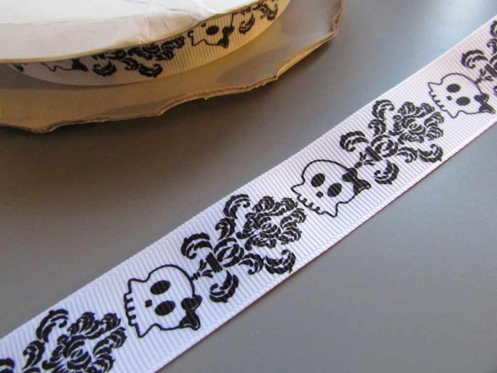 White Gothic Sugar Skull Grosgrain Ribbon 2.2cm x 1 Metre
