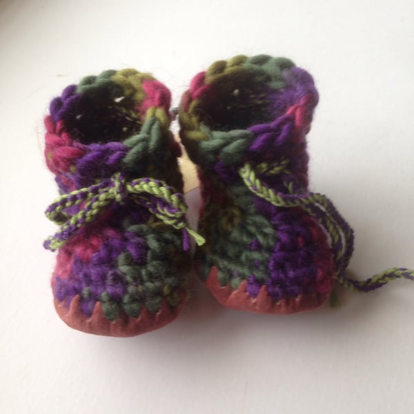 Wool & leather baby boots - purple green pink - 3-6 months