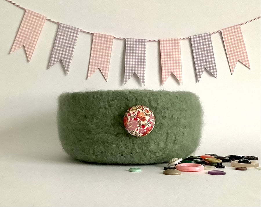 FELTED 'FUSSPOT' BOWL, desk tidy.' Wild Sage' green (with Liberty fabric button)