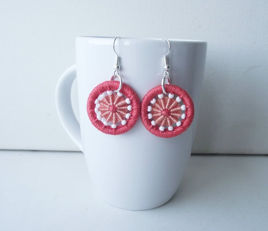 Earrings, Drop or Dangle, Beaded Dorset Buttons, Coral Peach Cotton Thread