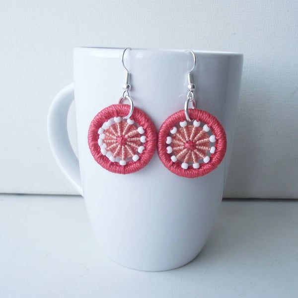 Earrings, Drop or Dangle, Beaded Dorset Buttons, Coral Peach Cotton Thread