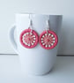 Earrings, Drop or Dangle, Beaded Dorset Buttons, Coral Peach Cotton Thread - Image 1