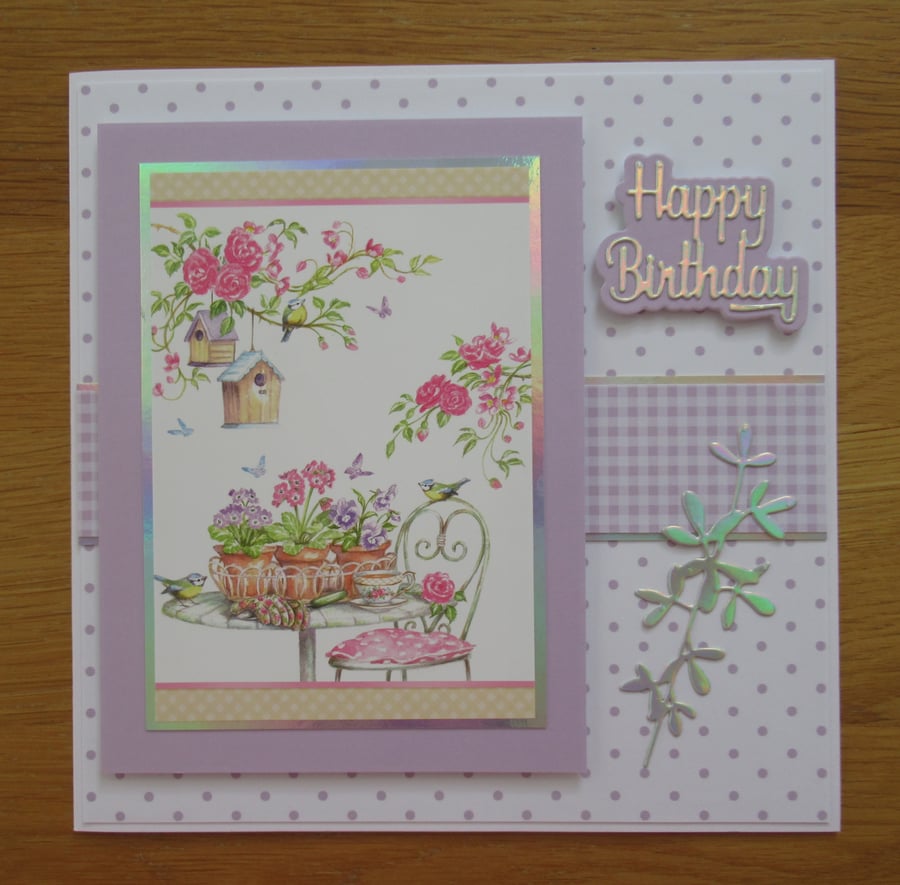 Bluetits & Bird Boxes - Birthday Card - 19x19cm - Lilac