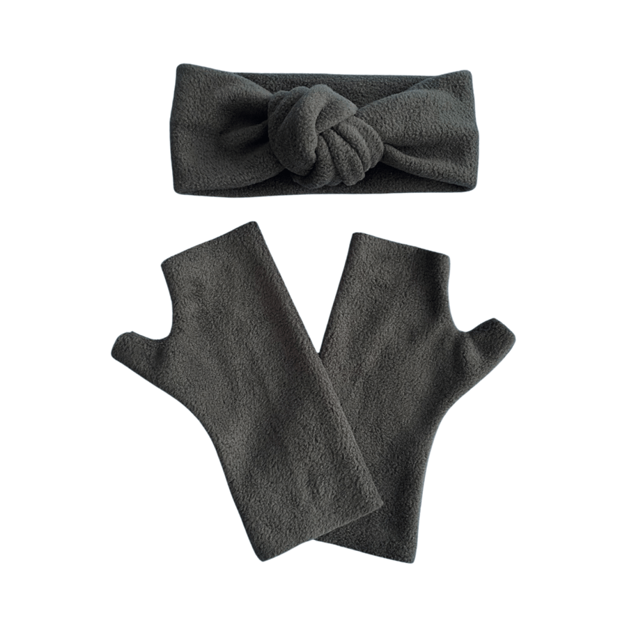 Black fleece fingerless gloves and soft knotted ear warmer headband set women