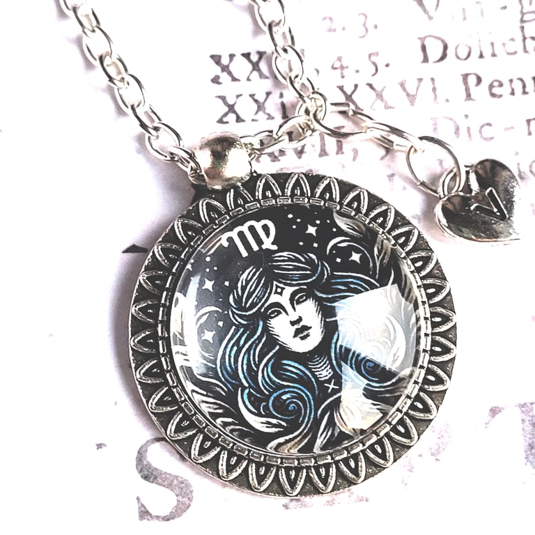 Zodiac Pendant, silvertone bezel, laser print, clear glass cabochon, Virgo