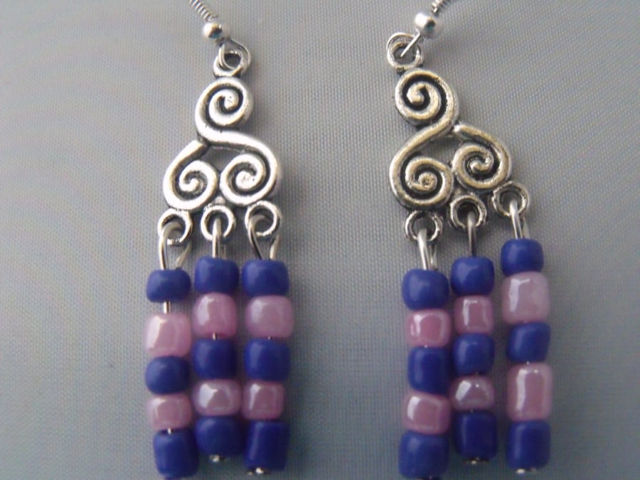 Silver Scroll with Blue and Pink Beads Earrings