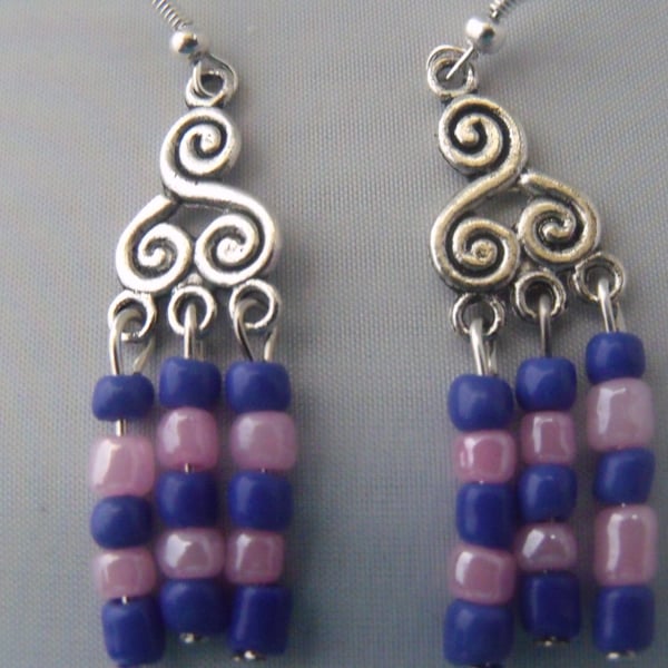 Silver Scroll with Blue and Pink Beads Earrings
