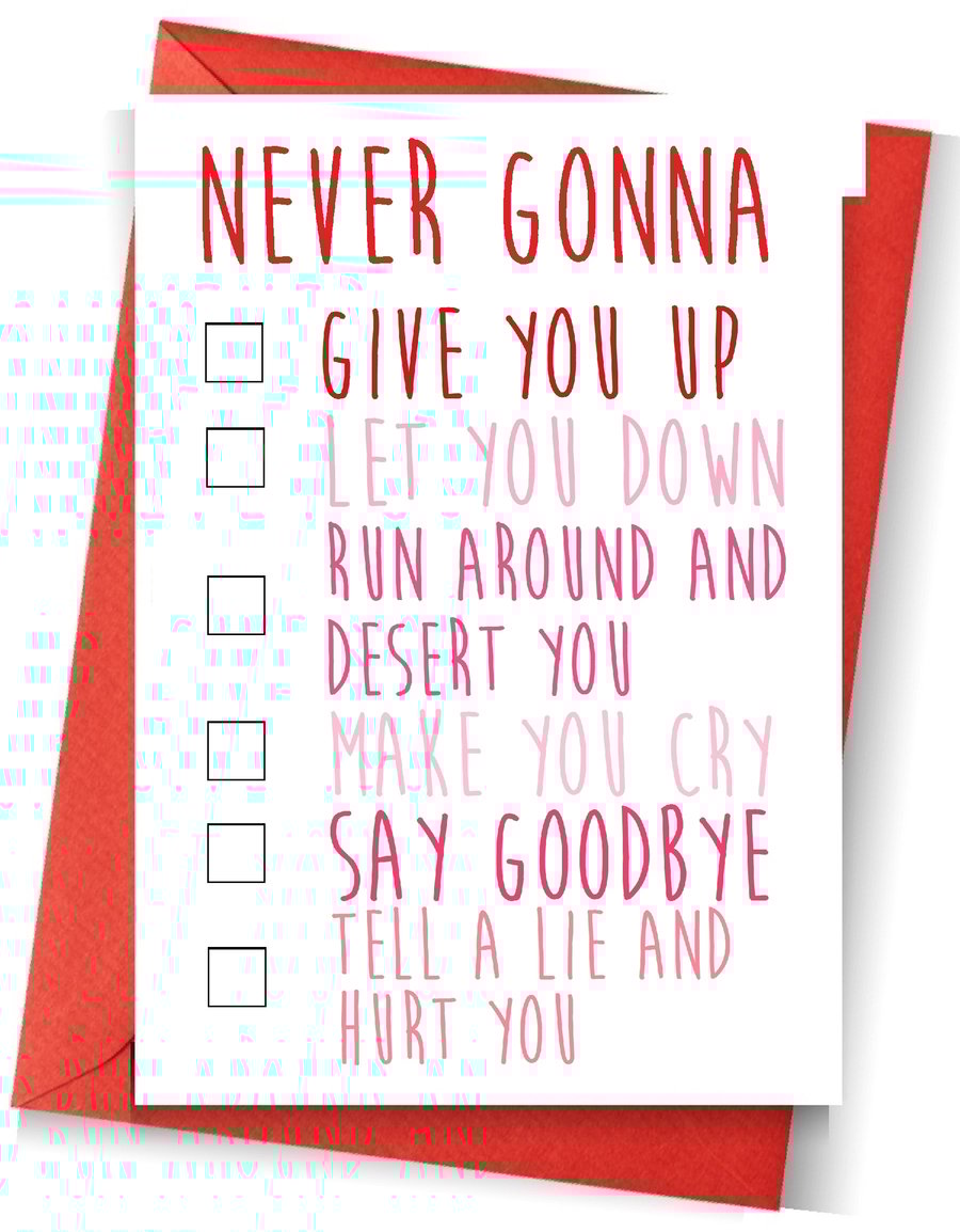 Funny Valentines day card never gonna give you up rick astley valentine card